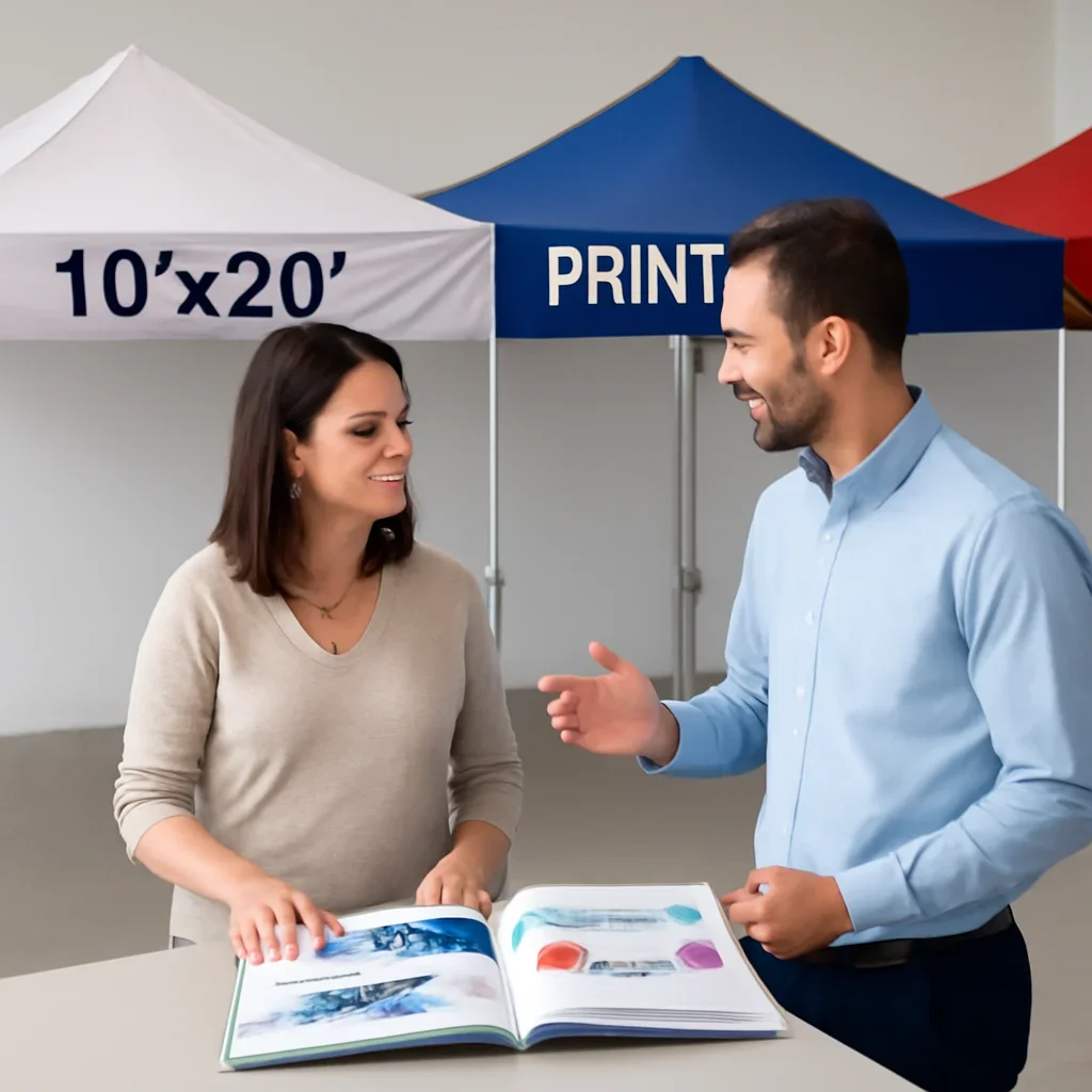 Customer reviewing 10x20 canopy tents options with a canopy tent specialist