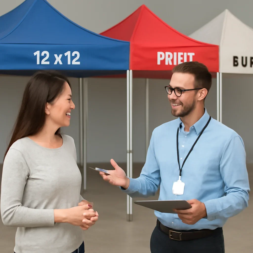 Customer reviewing 12x12 canopy tents options with a canopy tent specialist