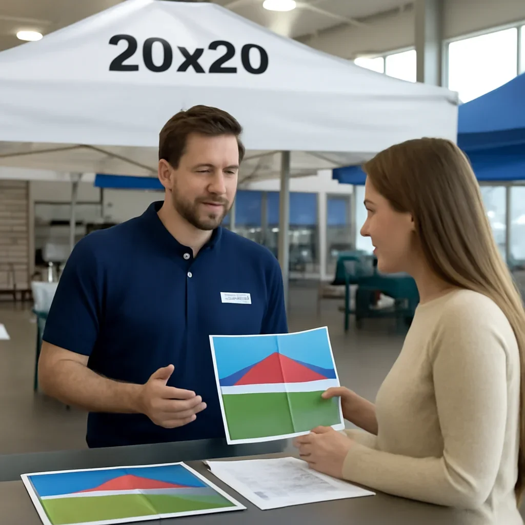 Customer reviewing 20x20 canopy tents options with a canopy tent specialist