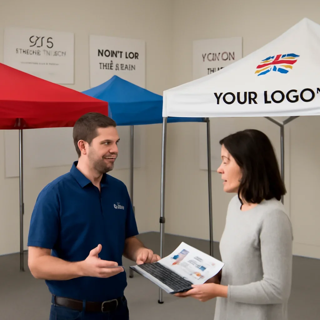 Customer reviewing 8x8 canopy tents options with a canopy tent specialist