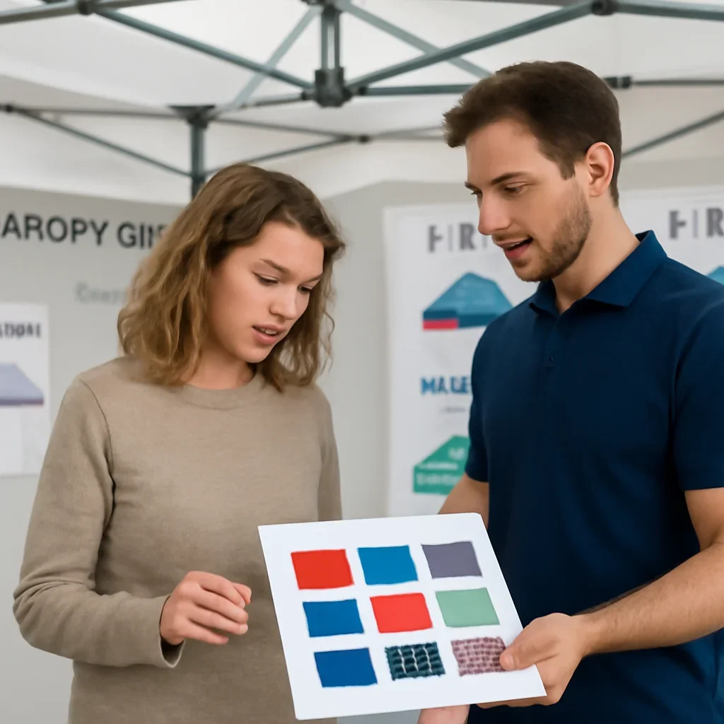 Customer reviewing abc canopy alternative options with a canopy tent specialist
