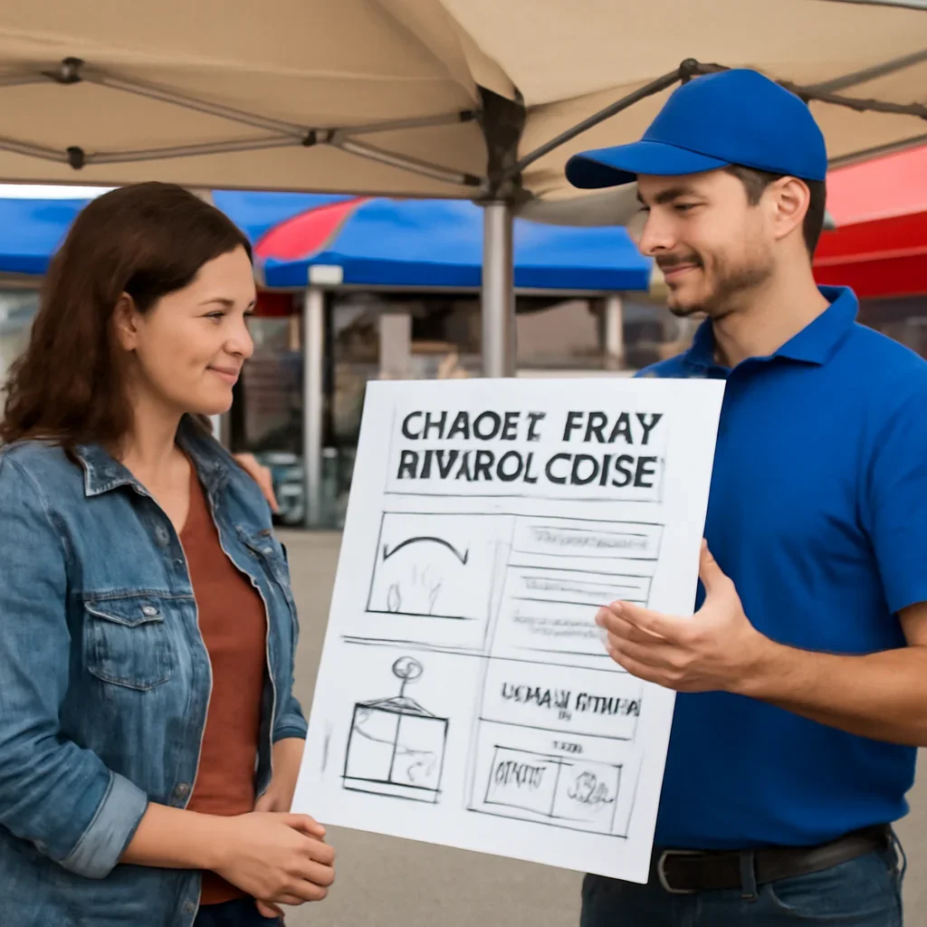 Customer reviewing canopy tent buying guide options with a canopy tent specialist