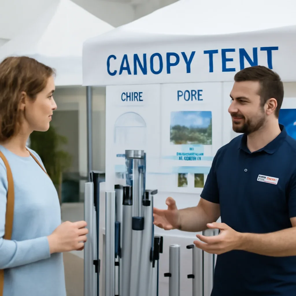 Customer reviewing canopy tent frames options with a canopy tent specialist