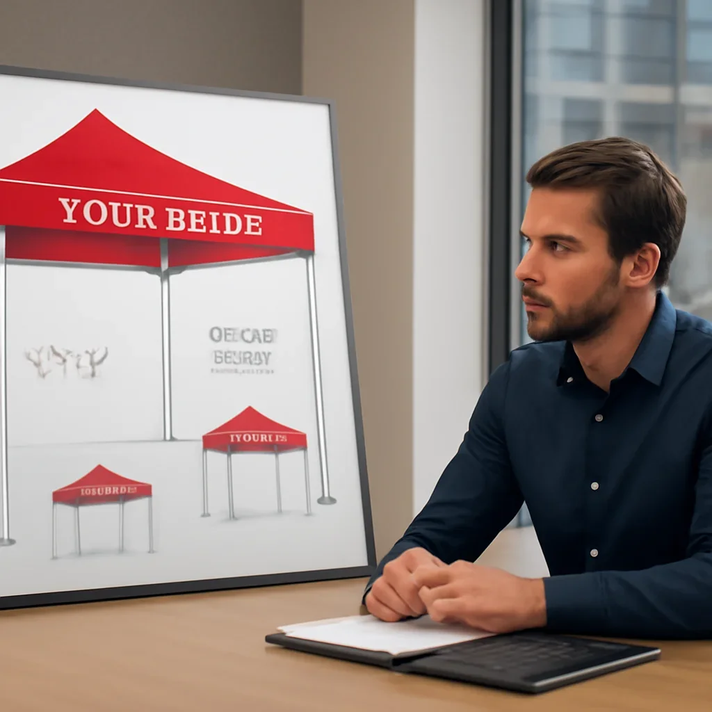 Buyer in Calgary reviewing custom canopy tent options and delivery timing