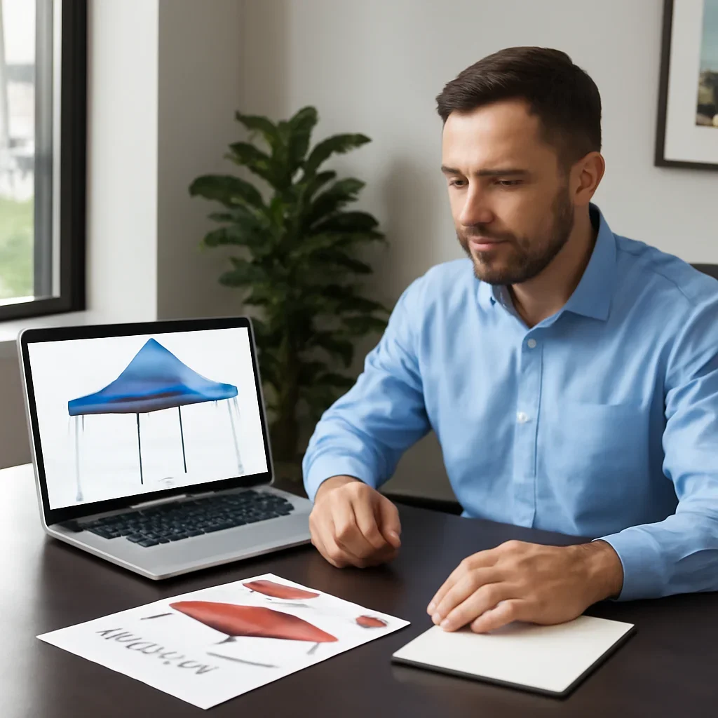 Buyer in Montreal reviewing custom canopy tent options and delivery timing