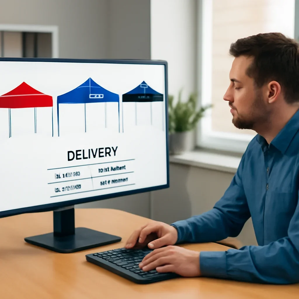 Buyer in Winnipeg reviewing custom canopy tent options and delivery timing