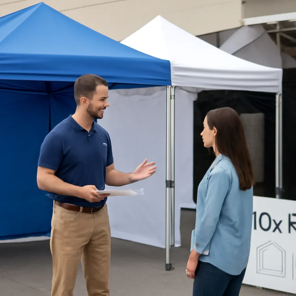 Customer reviewing canopy tents with sidewalls options with a canopy tent specialist