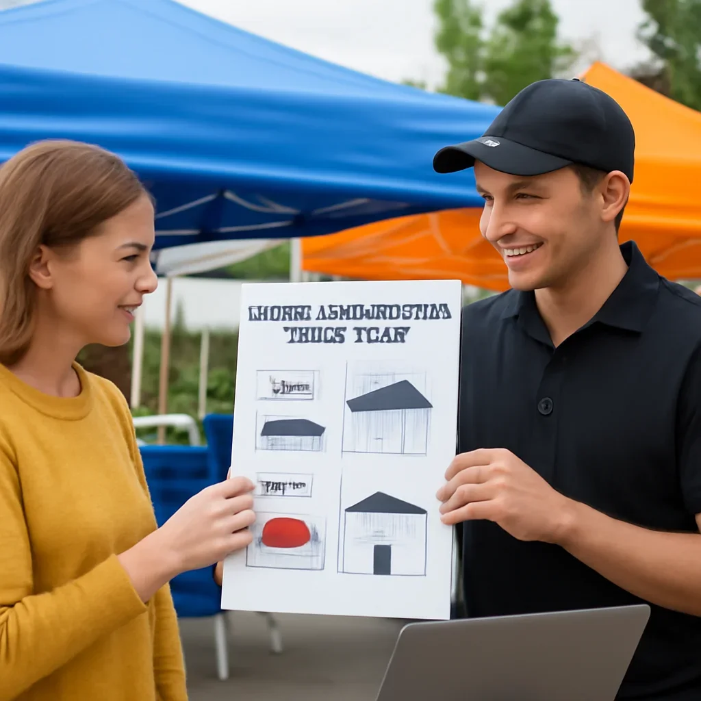 Customer reviewing custom artwork guidelines options with a canopy tent specialist