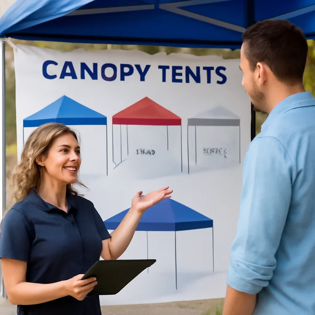 Customer reviewing event canopy tents options with a canopy tent specialist