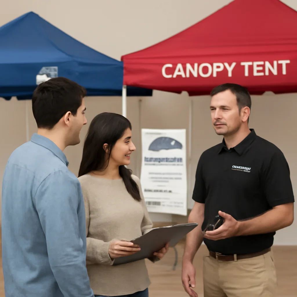 Customer reviewing ez up vs canopytent options with a canopy tent specialist