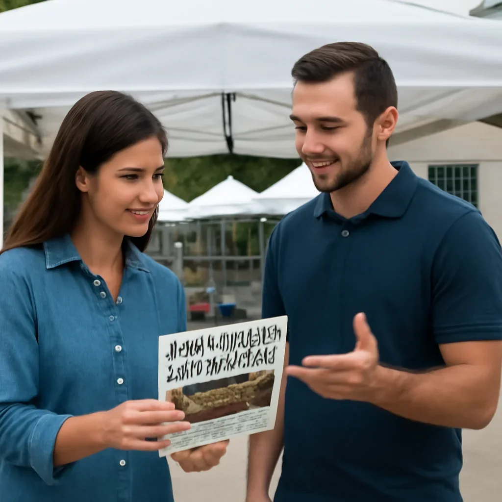 Customer reviewing farmers markets & vendors options with a canopy tent specialist