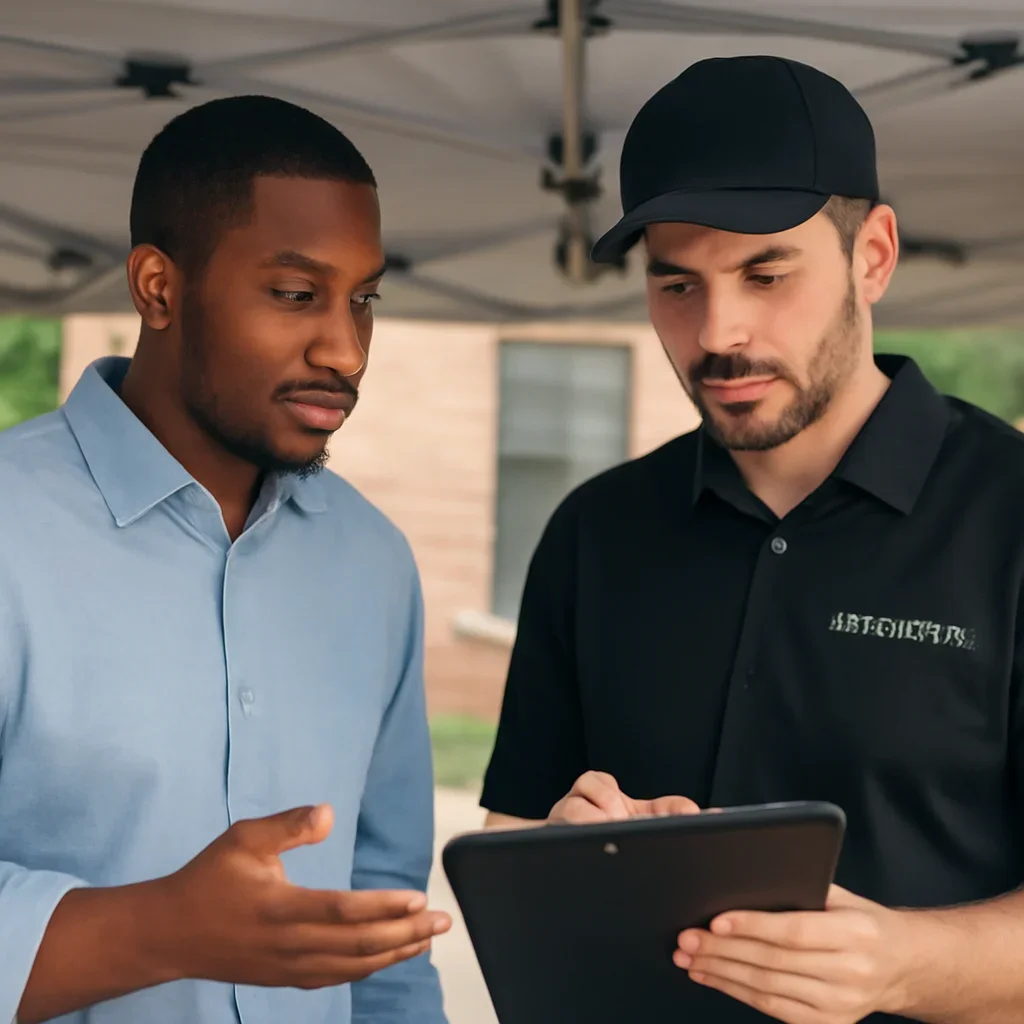 Customer and canopy tent specialist discussing next steps for integrations