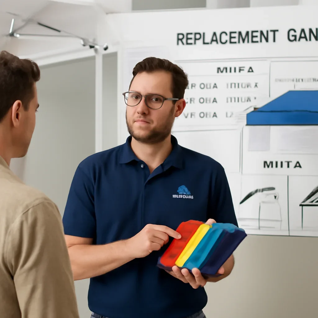 Customer reviewing replacement canopies & parts options with a canopy tent specialist