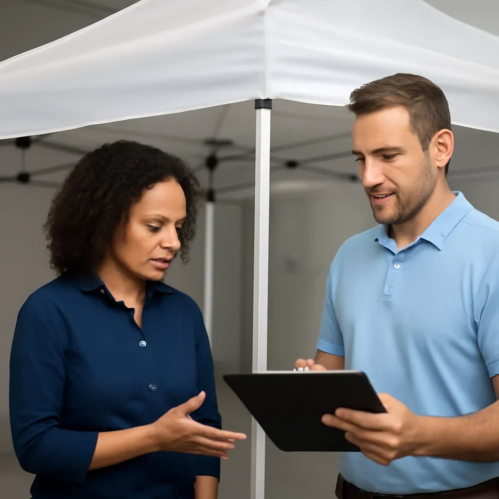 Customer and canopy tent specialist discussing next steps for solutions