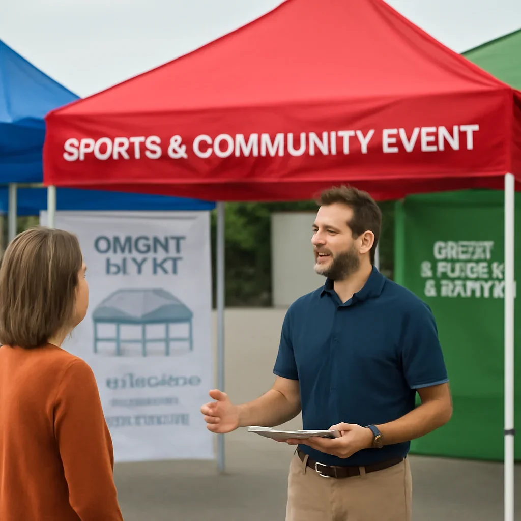 Customer reviewing sports & community event canopies options with a canopy tent specialist