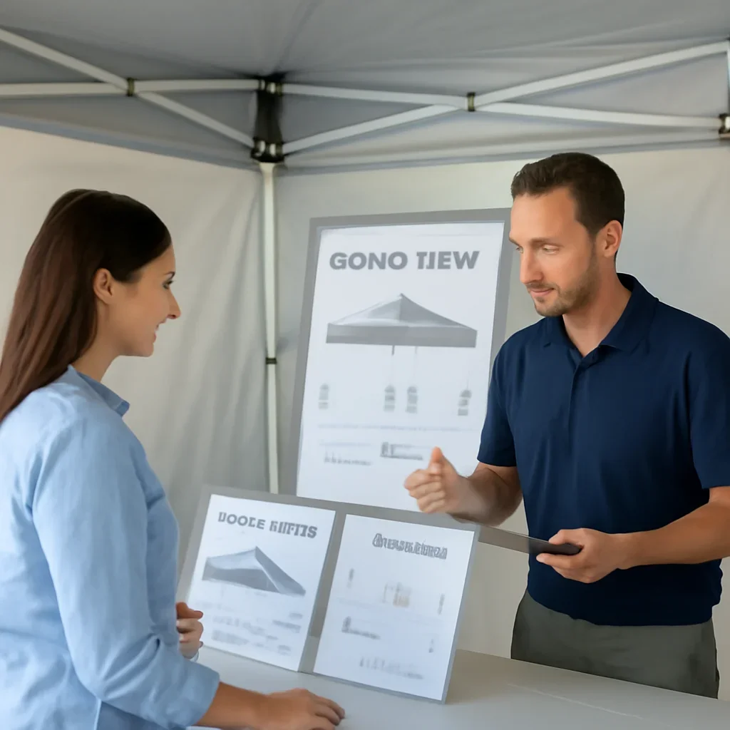 Customer reviewing steel frame canopy tents options with a canopy tent specialist