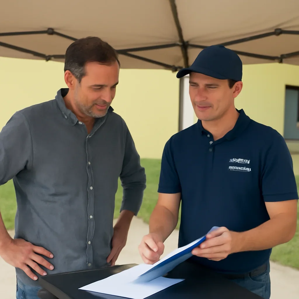 Customer and canopy tent specialist discussing next steps for support