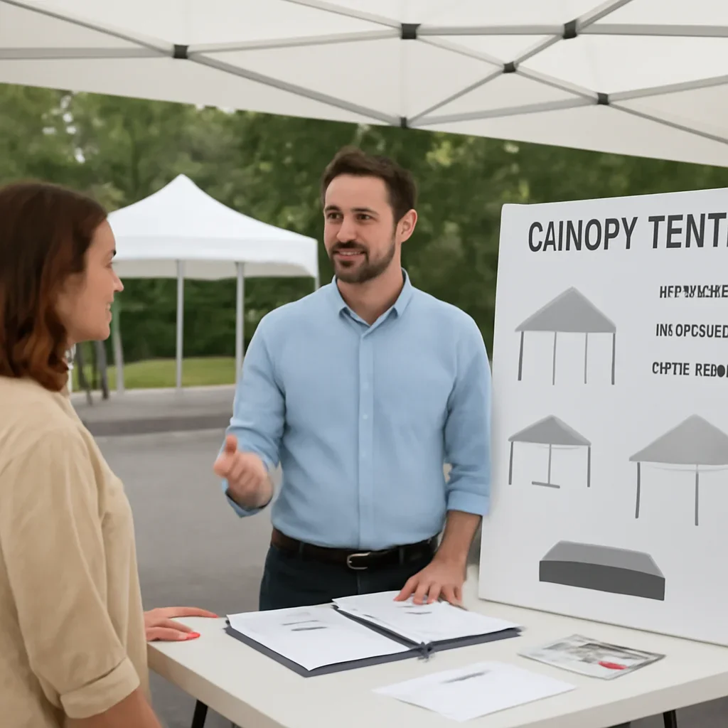 Customer reviewing vendor & market tents options with a canopy tent specialist